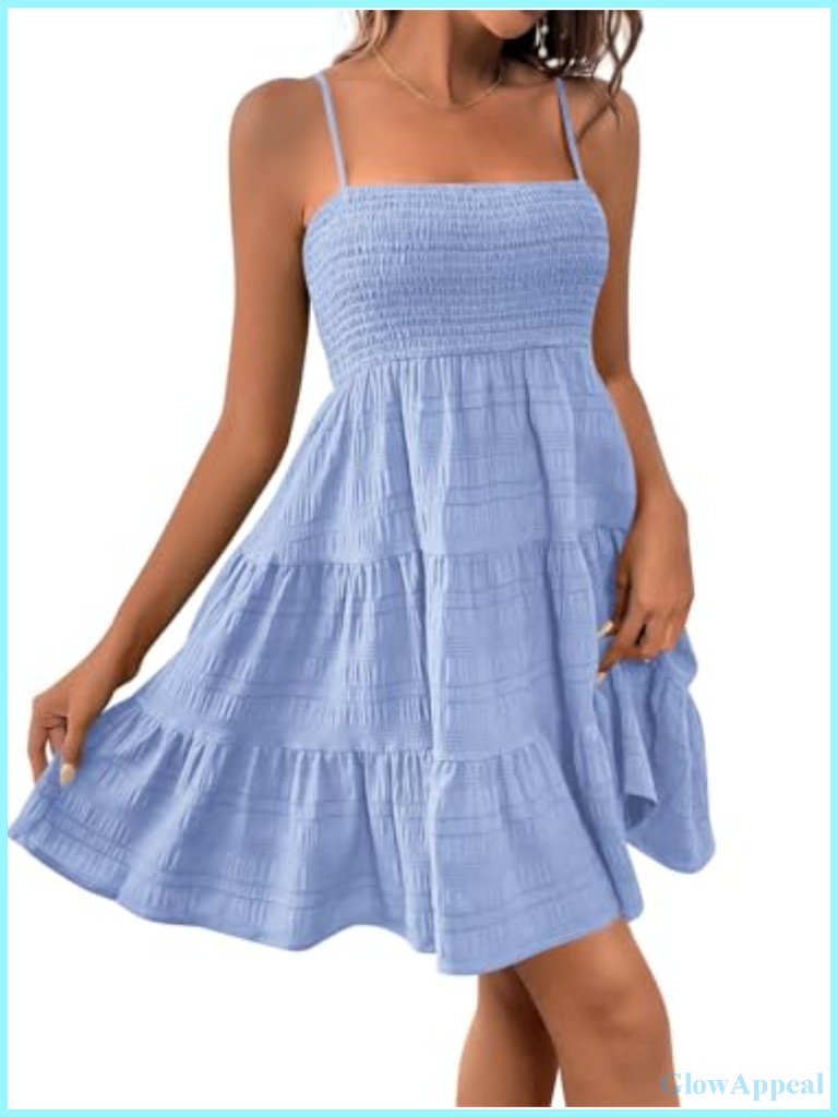 Sleeveless Smocked Mini Dress Flowy Cute Summer Boho Spaghetti Strap Tiered A